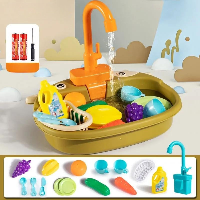 Children's Simulation Cow Dishwasher - Electric Kitchen Sink Playset with Recirculating Water for Washing Dishes and Vegetables