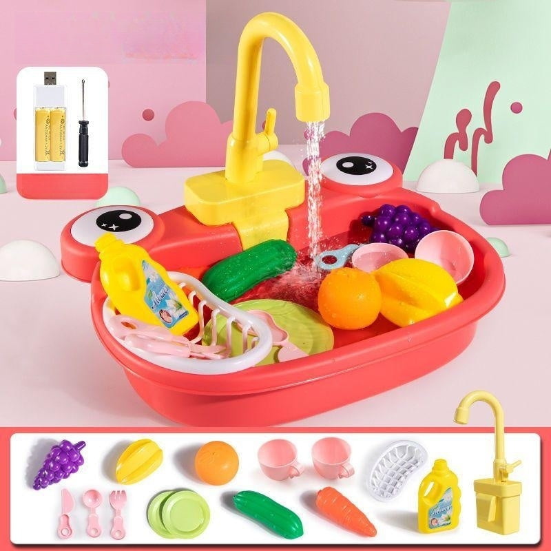Children's Simulation Cow Dishwasher - Electric Kitchen Sink Playset with Recirculating Water for Washing Dishes and Vegetables