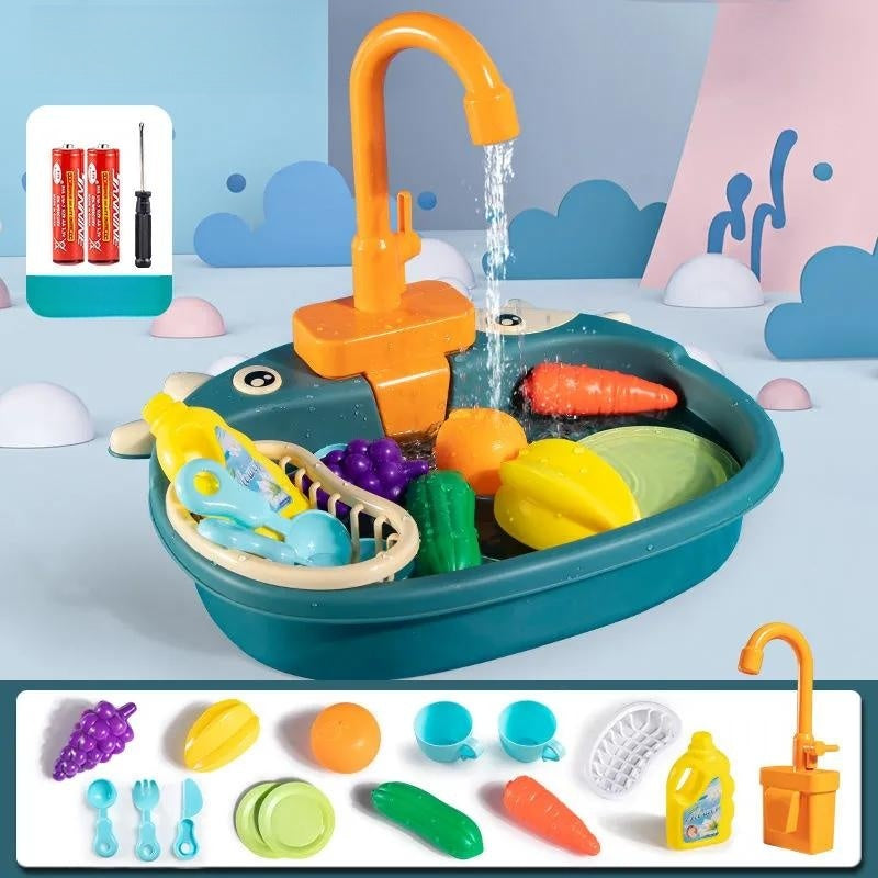 Children's Simulation Cow Dishwasher - Electric Kitchen Sink Playset with Recirculating Water for Washing Dishes and Vegetables