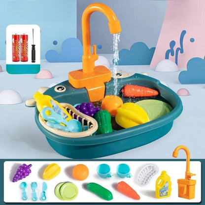 Children's Simulation Cow Dishwasher - Electric Kitchen Sink Playset with Recirculating Water for Washing Dishes and Vegetables